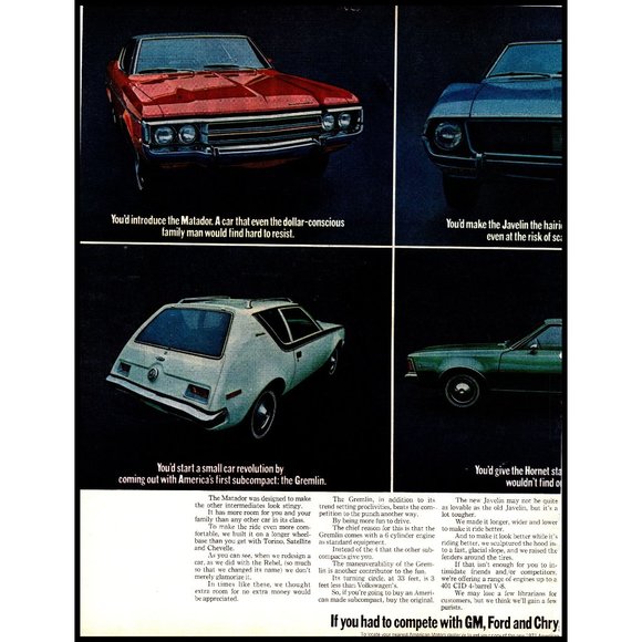 1971 AMC Car Line Up Javelin Matador Gremlin 2 Page Vintage Print Ad Wall Art - Picture 3 of 3